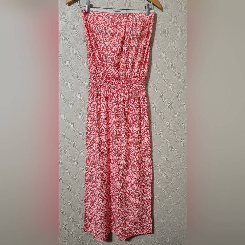 Helen Jon Jolie Bandeau Island Batik Strapless Midi Dress Pink size Medium